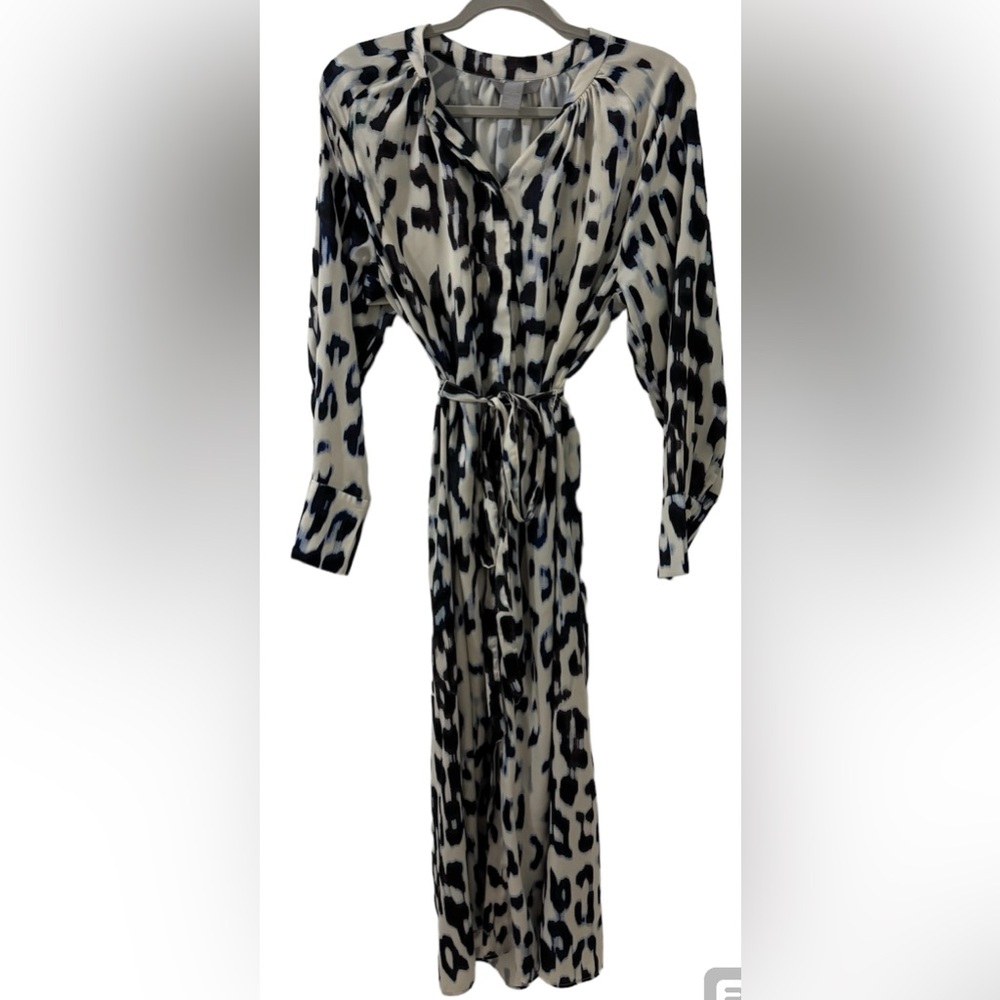 H&M long blue leopard long sleeve dress with tie